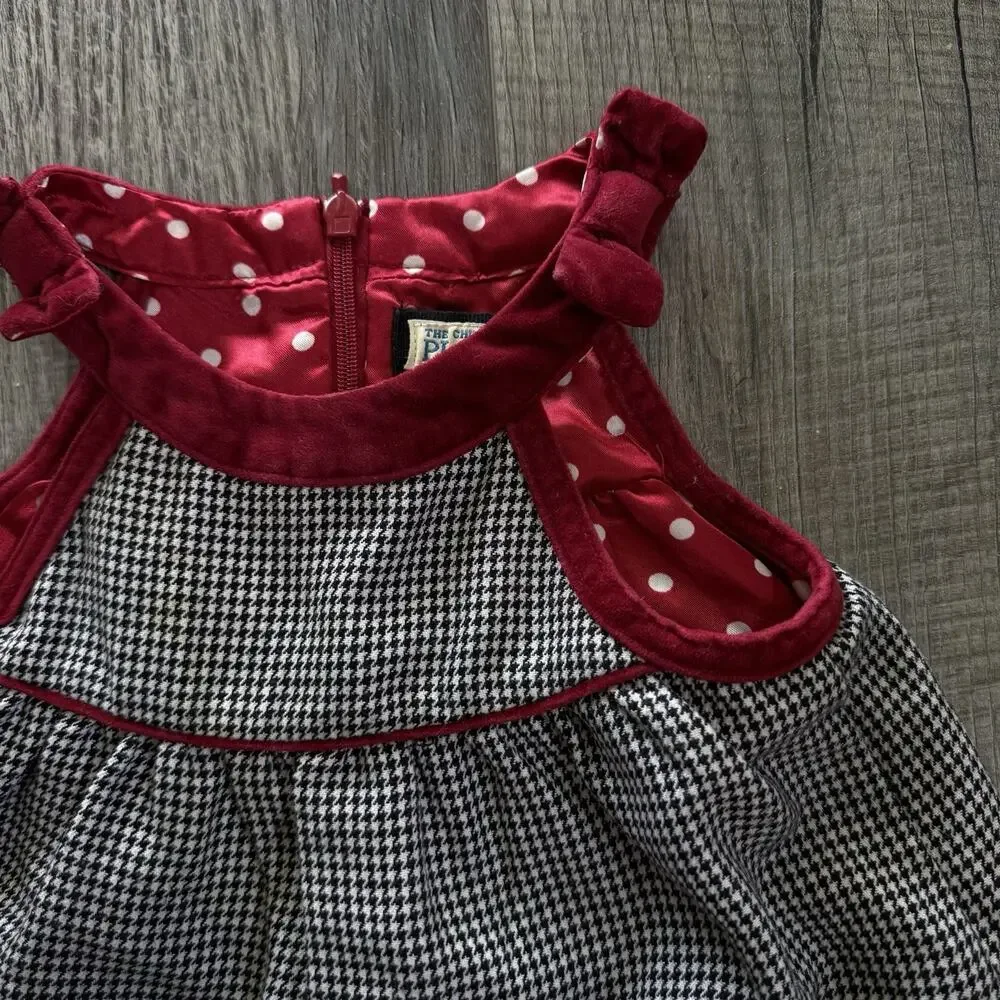 Vtg Children’s Place Holiday Dress 6-9 Months Black Red Houndstooth Velvet Bow